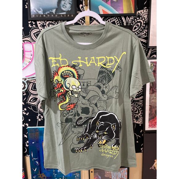 Ed Hardy Y2K Streetwear Dragon Panther Tattoo Short Sleeve Tee Olive Large - Picture 1 of 7